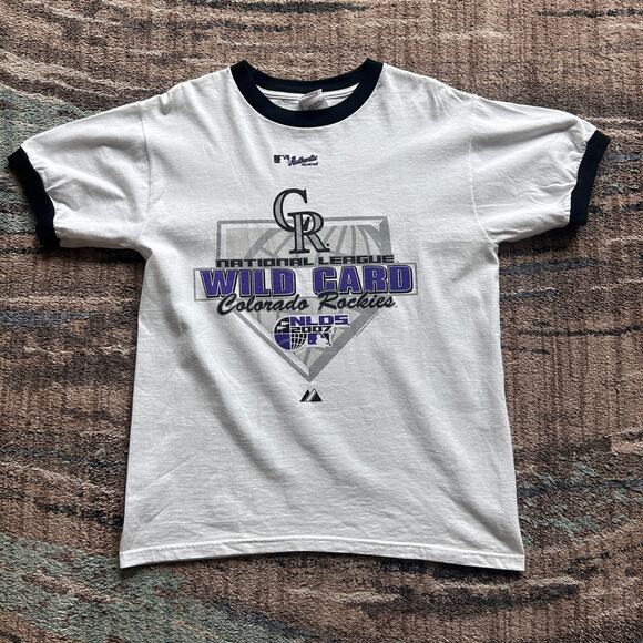 Men's Colorado Rockies Wild Card MLB NLDS 2007 White Ringer Tee Shirt Sz Medium - Picture 1 of 5